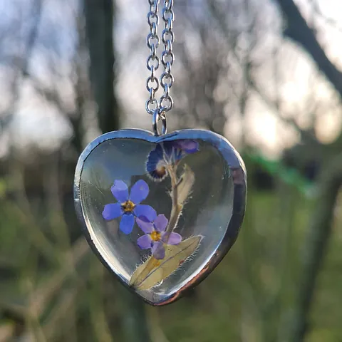 Real Pressed Flower Glass Silver Heart Pendant Necklace